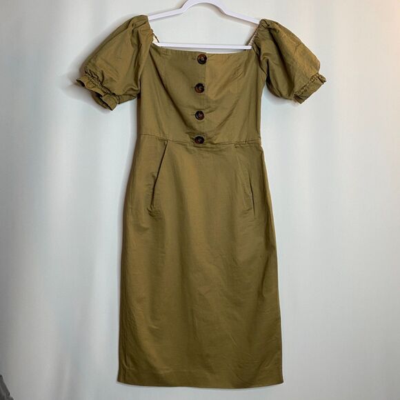 Zara Woman Off-the-Shoulder Poof Sleeve Green Button Detail Dress Size S - Picture 2 of 16